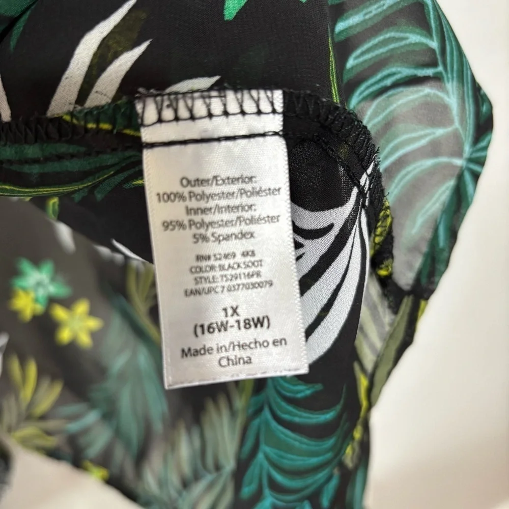 Terra & Sky Green Black Tropical Print Sheer Cover Up Size 1X